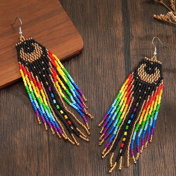 Boho Multicolor Rainbow Moon Shakra Beaded Drop Earrings - Picture 1 of 2